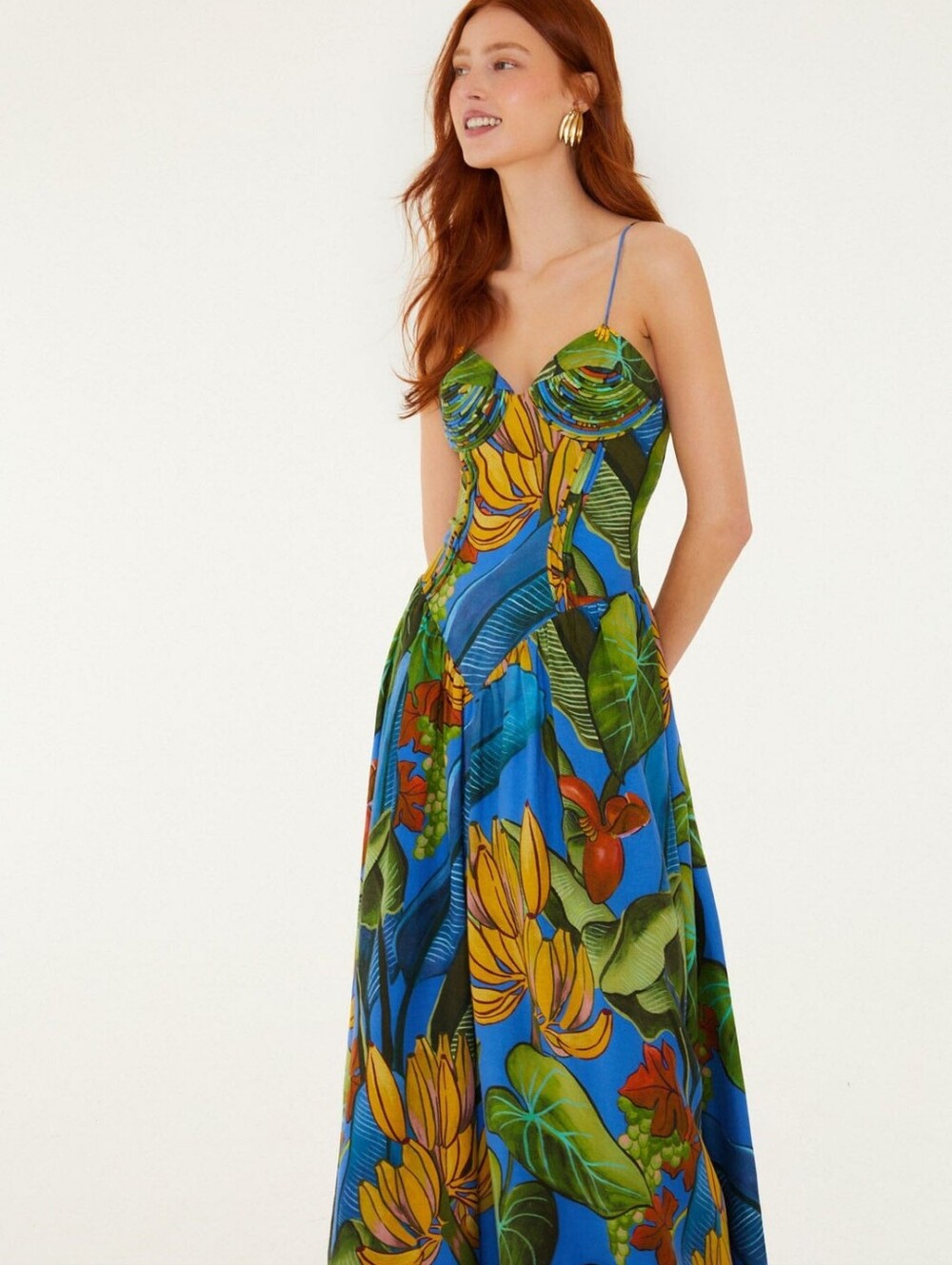 NWT FARM Rio Blue Banana Grapes 3D Bodice Sleeveless Maxi Dress Size Large - Picture 3 of 13